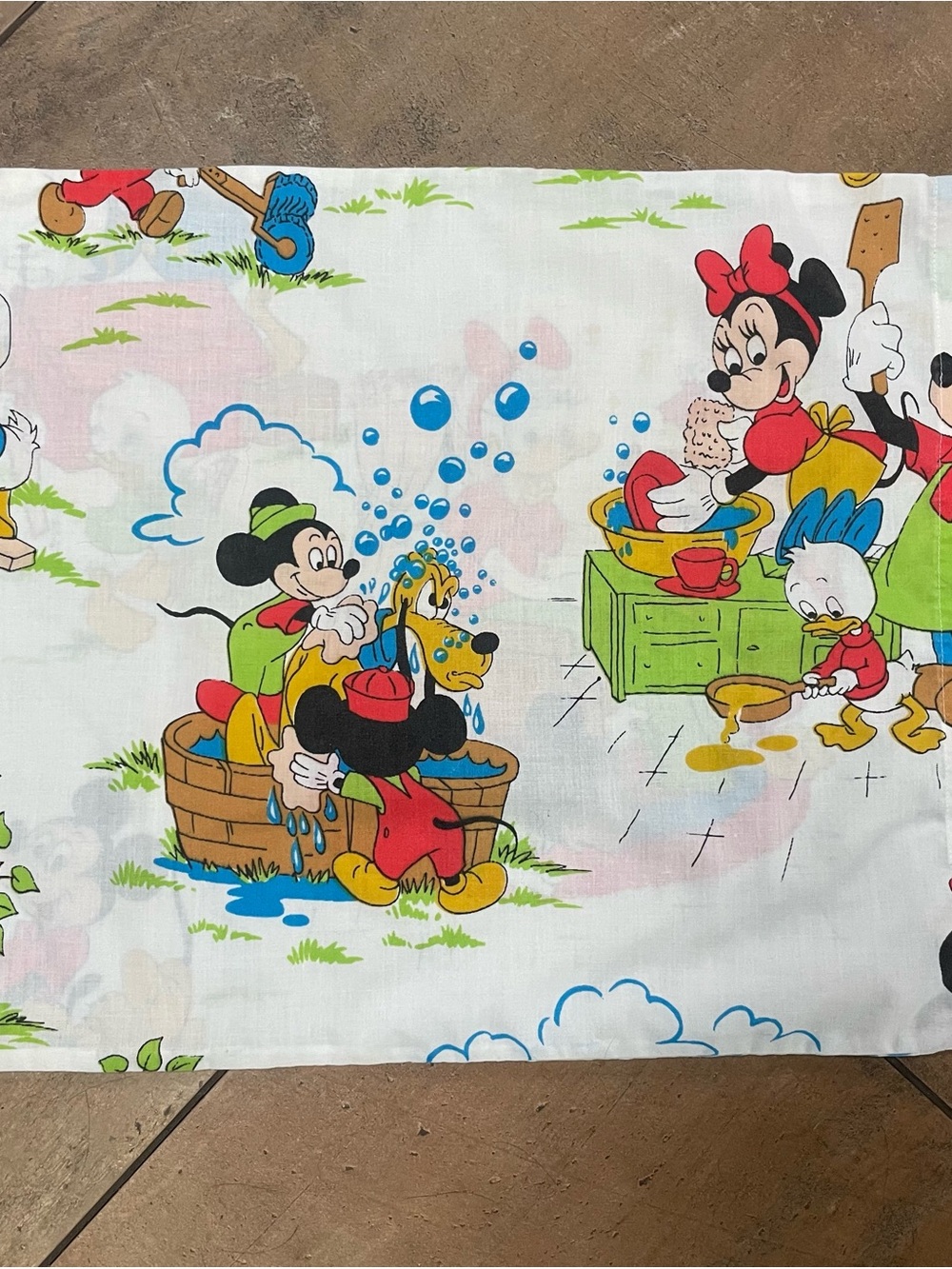 VTG Disney Mickey Mouse Chores Pillowcase Donald Daisy Minnie Pluto Double Sided